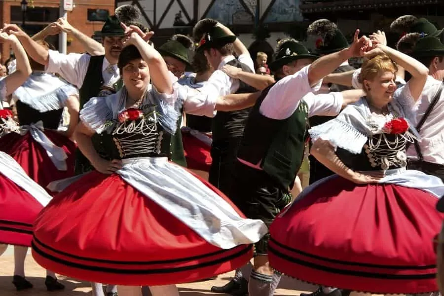 Group of dancers performing authentic German traditional dances at Freistadt, near Cedarburg