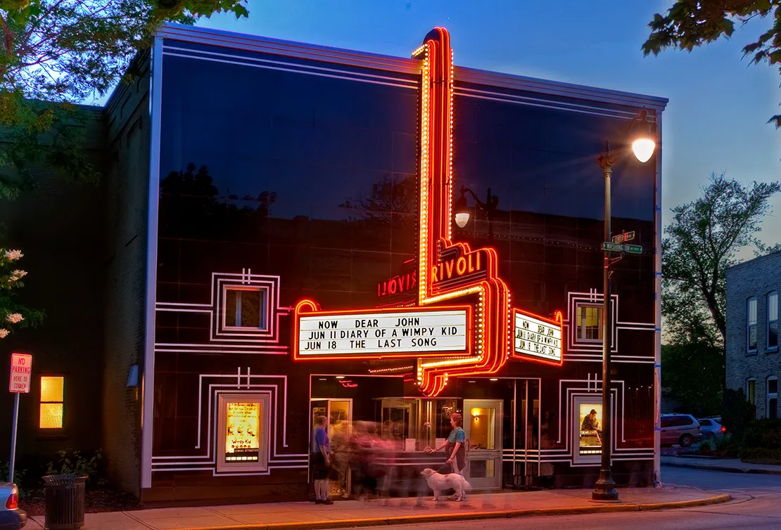 outside of the Rivoli Theatre at night