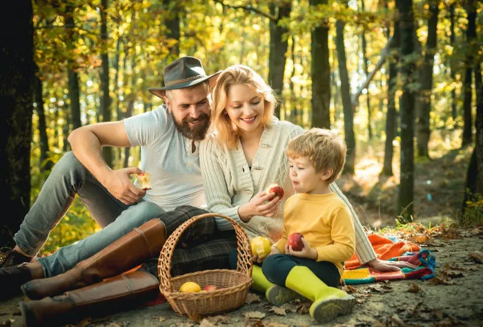 a mother, father, and child having a picnic in the forest