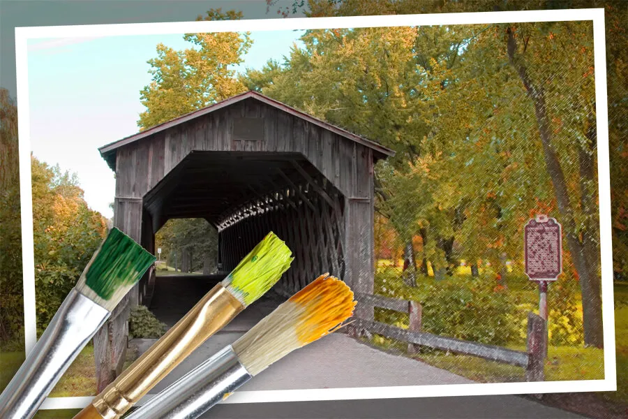 Cedarburg covered bridge with paint brushes