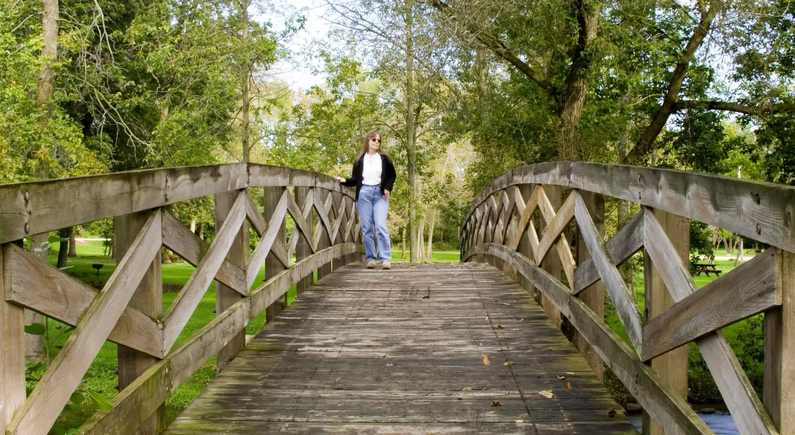 Woman on a foot bridge in Wisconsin