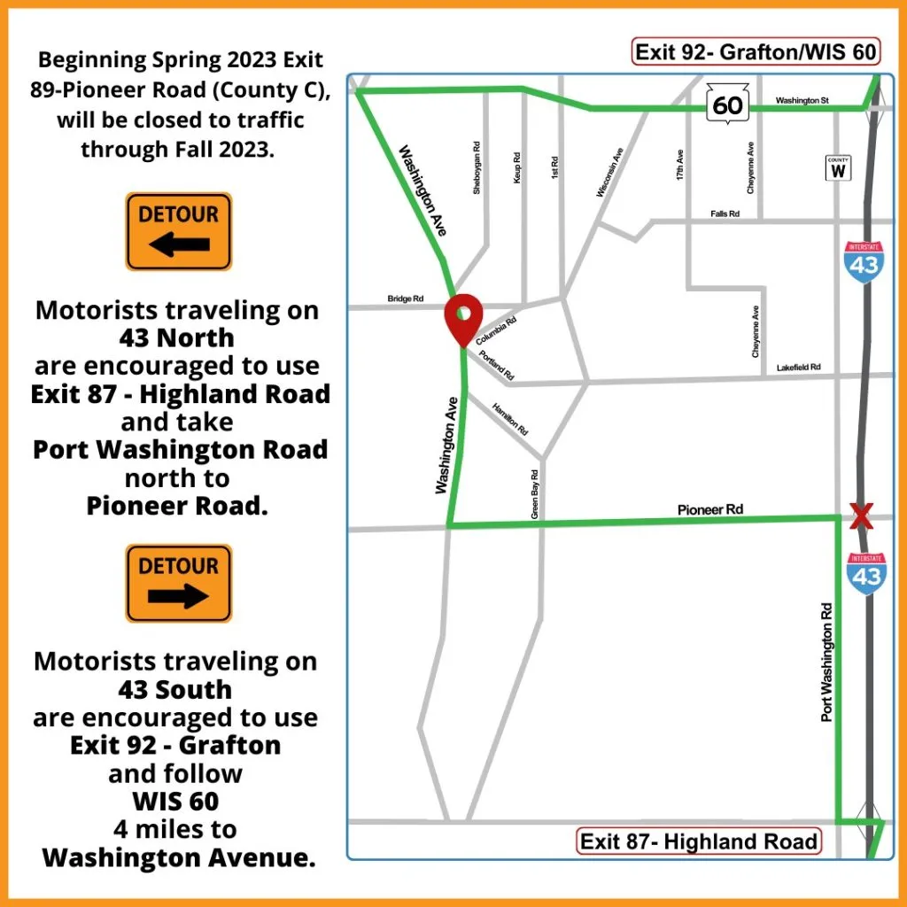 map showing construction detour in Cedarburg WI