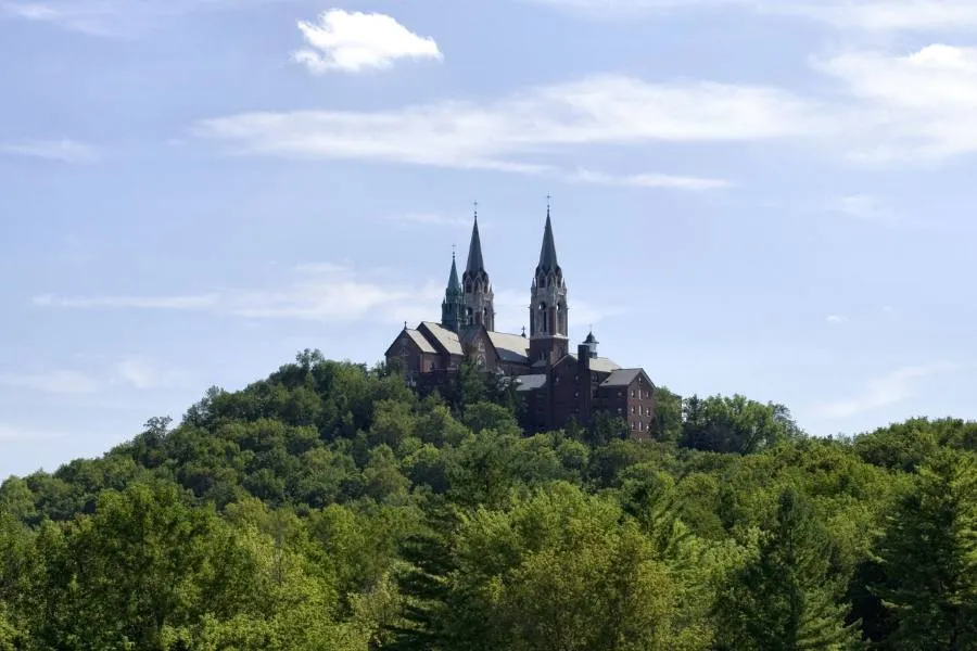 Holy Hill Shrine as viewed from about two miles away in the late afternoon. Near Milwaukee, Wisconsin