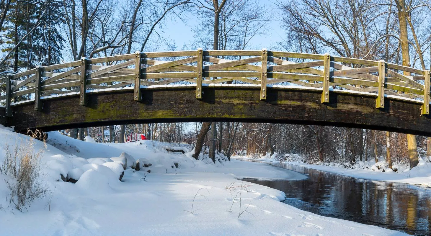 Bridge over an icy river in Cedarburg