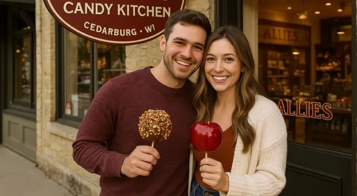 couple at candy shop in downtown cedarburg