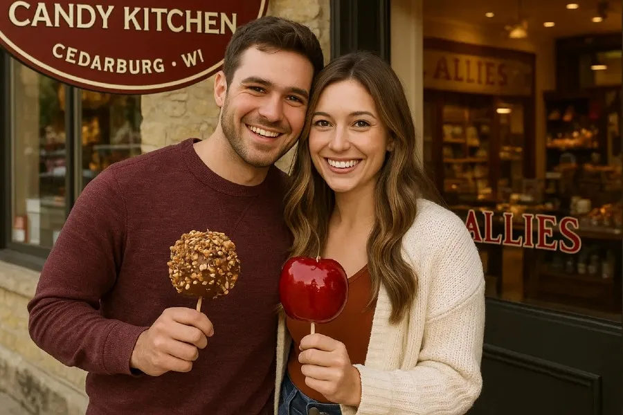 couple at candy shop in downtown cedarburg