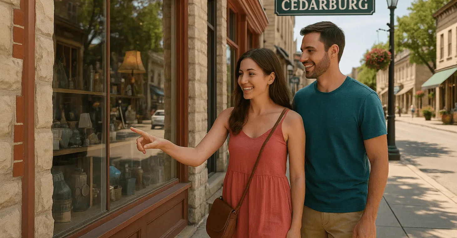 couple window shopping in downtown cedarburg