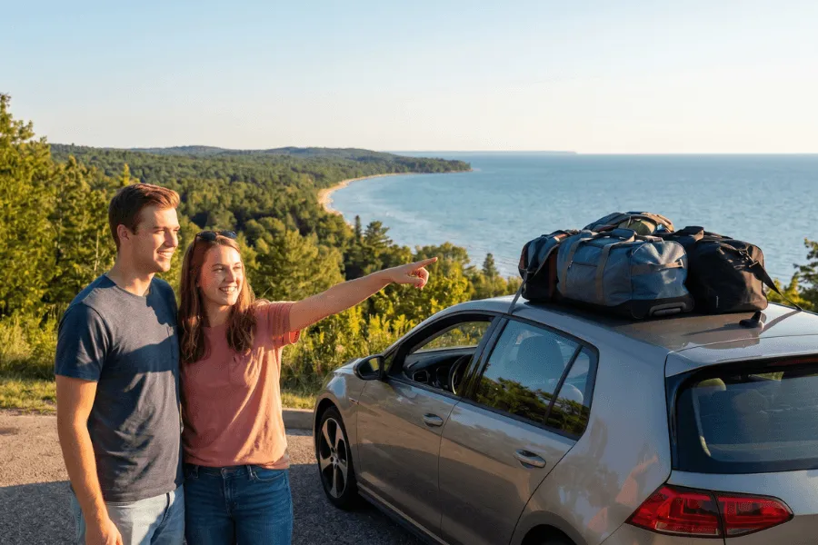 A young couple smiling and standing next to a silver hatchback car with luggage packed on the roof, pointing toward a scenic view of a forested coastline and blue lake under a clear sky