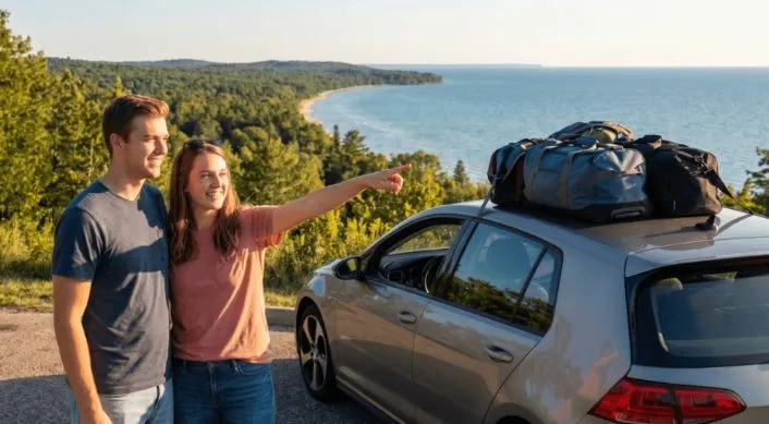 A young couple smiling and standing next to a silver hatchback car with luggage packed on the roof, pointing toward a scenic view of a forested coastline and blue lake under a clear sky