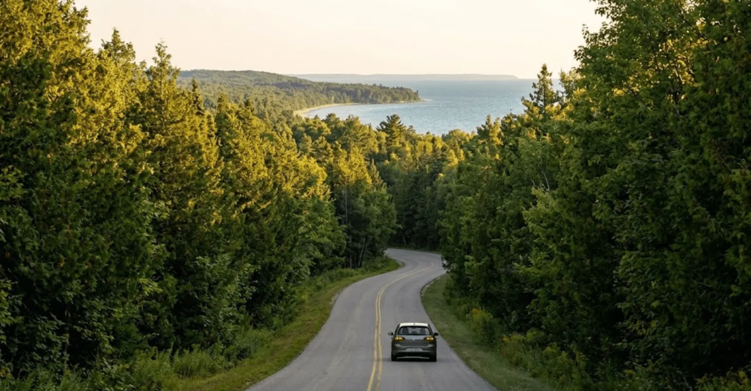 An aerial view of a car driving down a winding two-lane asphalt road cutting through a thick green forest toward a distant ocean coastline